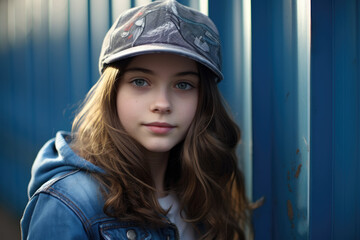 Youthful Teenage Girl with Long Brown Hair in Baseball Cap and Denim Jacket by Blue Corrugated Iron