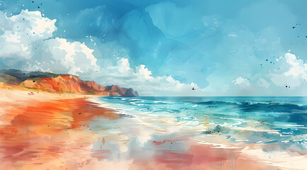 Dreamy Seaside Mirage: Watercolor Fantasy in the Midst of Summer Heat - obrazy, fototapety, plakaty