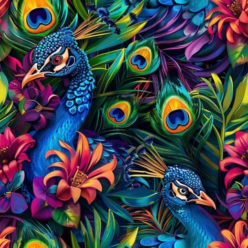 A seamless pattern of 3D peacocks with vibrant, colorful feathers in a bohemian style.Seamless Pattern, Fabric Pattern, Tumbler Wrap, Mug Wrap.