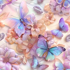 A seamless pattern of 3D butterflies, fluttering around bohemian crystals and flowers. Seamless Pattern, Fabric Pattern, Tumbler Wrap, Mug Wrap. - obrazy, fototapety, plakaty