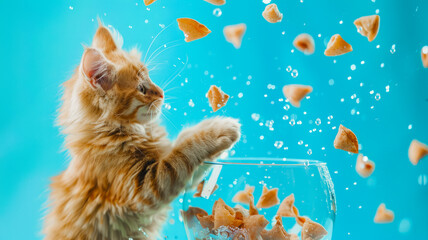 A playful kitten swats at dry cat food suspended in the air, resembling fish in an aquarium. Concept of kitten food, playfulness, and proper nutrition. Generative AI.