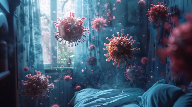 Red vrus cluster entering through window into bedroom