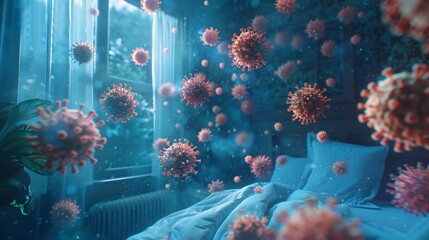 virus particles floating in bedroom - obrazy, fototapety, plakaty