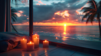 Serene Sunset View from a Coastal Room with Candles and Ocean Vista