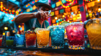 Colorful cocktails adorn a vibrant cinco de mayo party with festive decorations in the background