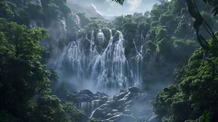 Fototapeta na wymiar Majestic Waterfall Amidst Lush Green Forest in Ethereal Morning Light