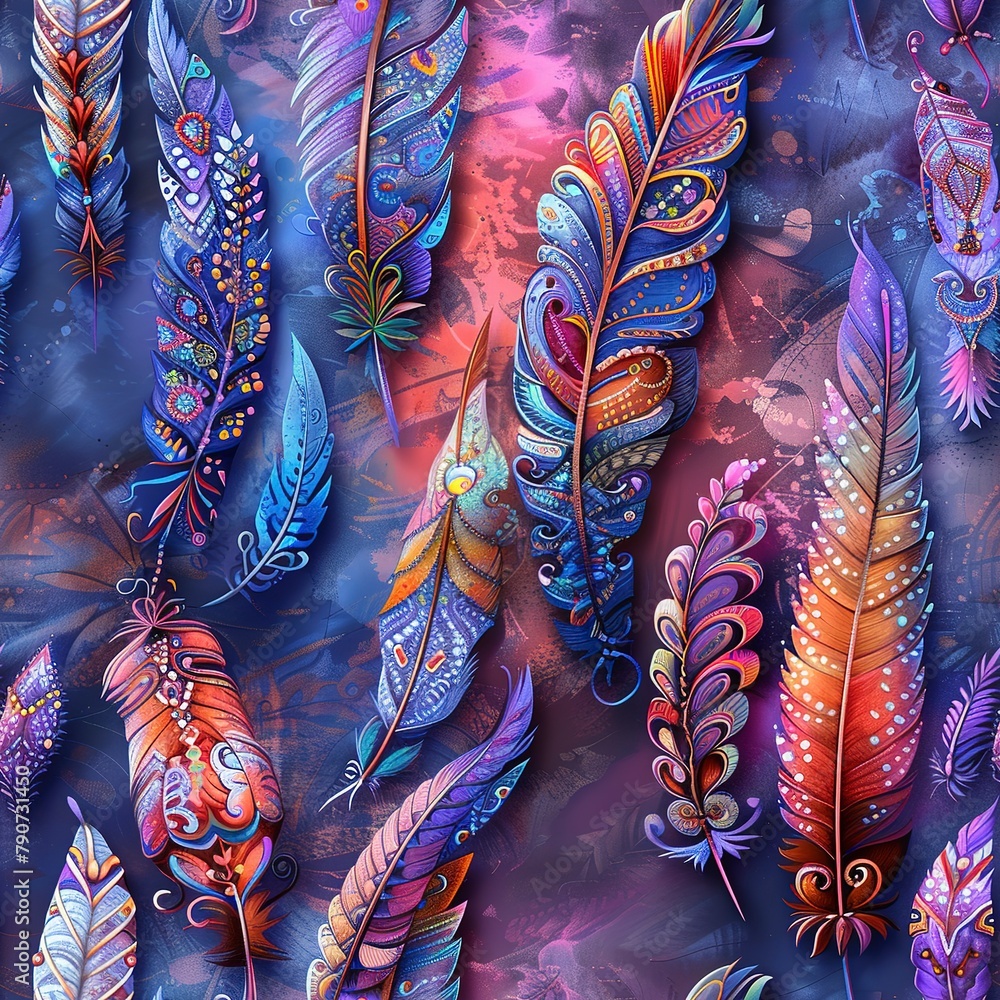 Poster 3d feathers, each detailed with unique boho motifs and colors. seamless pattern, fabric pattern, tum