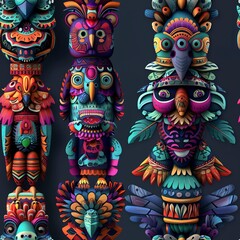 Fototapeta premium 3D totem animals, decorated with tribal patterns and bohemian flair. Seamless Pattern, Fabric Pattern, Tumbler Wrap, Mug Wrap.