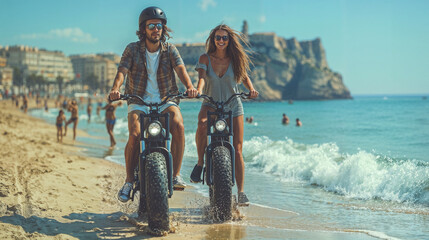Couple riding electric bikes on sunny beach
