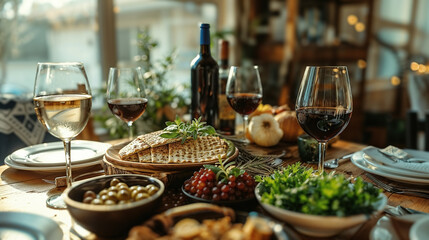 Traditional passover seder table with matzah and wine