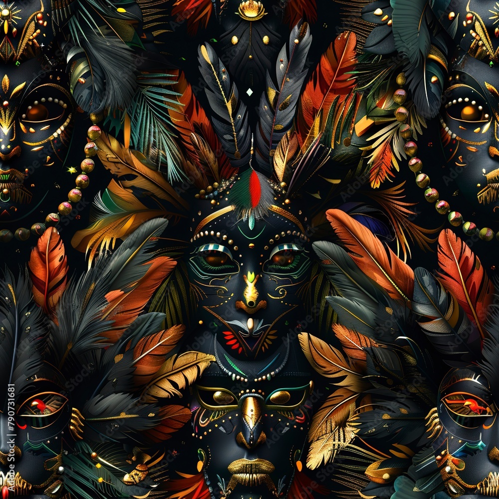 Wall mural 3D tribal masks adorned with feathers and beads, set against a seamless boho pattern.Seamless Pattern, Fabric Pattern, Tumbler Wrap, Mug Wrap.