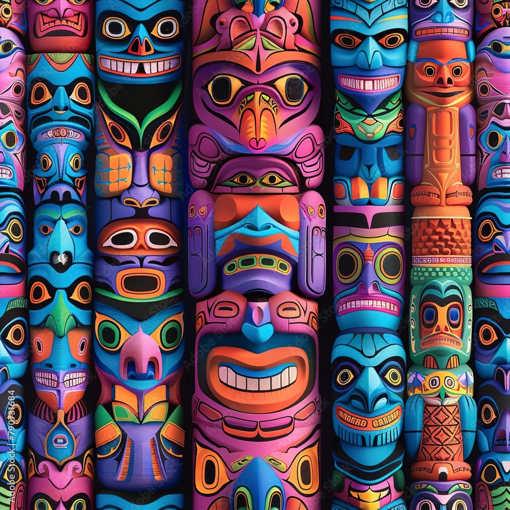 Poster intricate 3d totem poles with bohemian symbols and vibrant colors.seamless pattern, fabric pattern, 