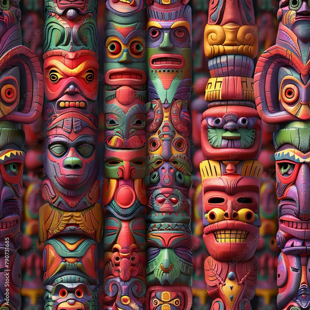 Poster intricate 3d totem poles with bohemian symbols and vibrant colors. seamless pattern, fabric pattern,