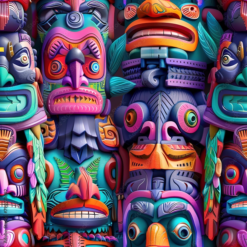 Poster intricate 3d totem poles with bohemian symbols and vibrant colors. seamless pattern, fabric pattern,