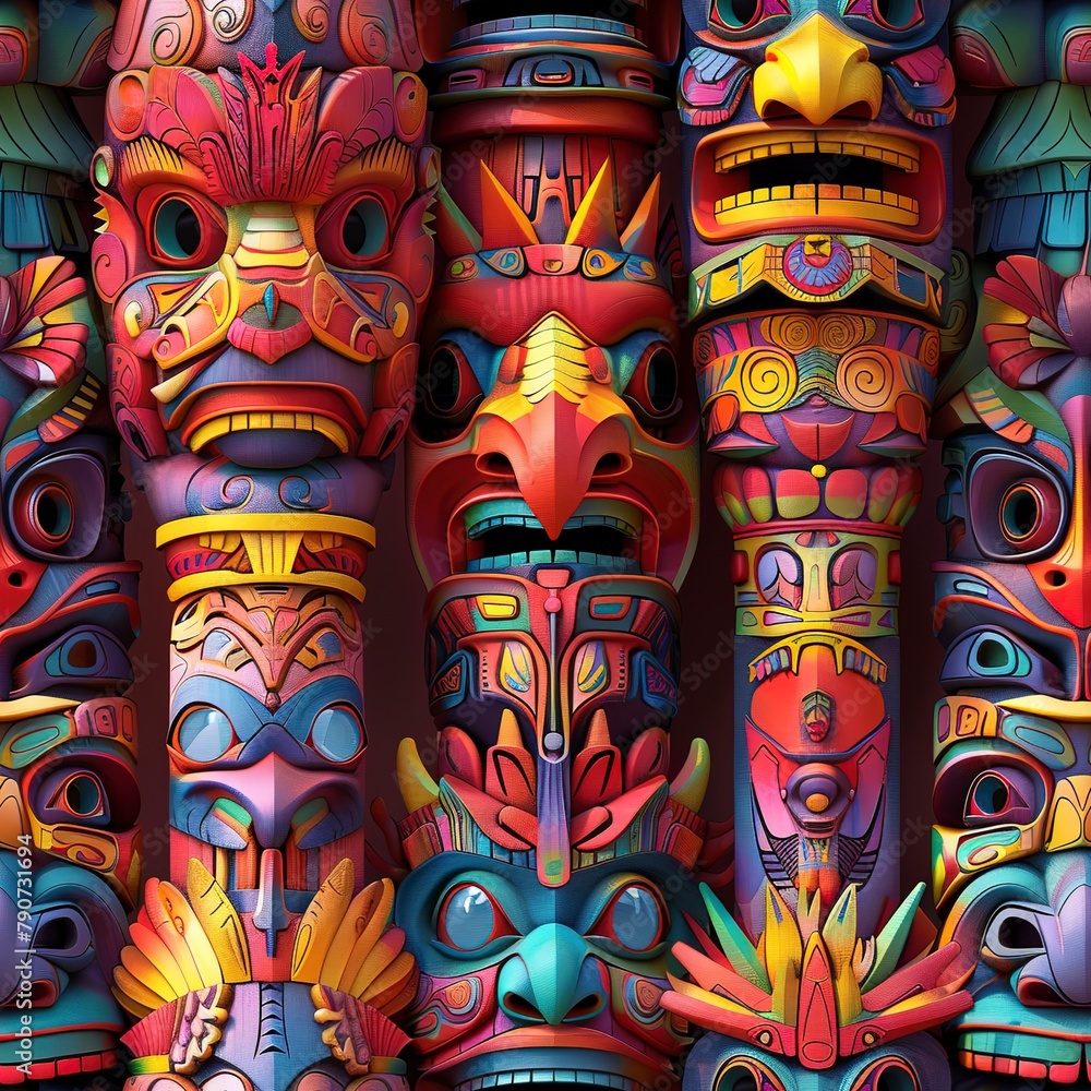Poster intricate 3d totem poles with bohemian symbols and vibrant colors. seamless pattern, fabric pattern,