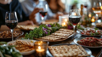 Passover seder table setting with matzah
