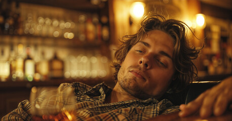 Despondent man in bar embodying alcoholism issues