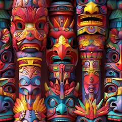 Intricate 3D totem poles with bohemian symbols and vibrant colors. Seamless Pattern, Fabric Pattern, Tumbler Wrap, Mug Wrap.