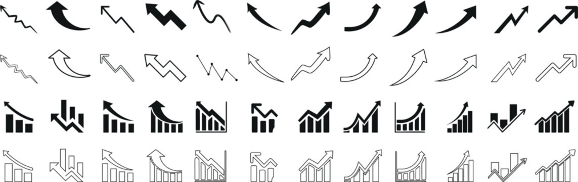 business growth charts, Vector arrow icons set, editable stroke, black minimalist design, financial data visualization, trend analysis