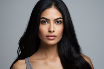 Naklejka premium Confident Attractive South Asian Woman with Long Black Hair on a Dark Grey Background