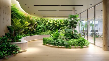 A large room with a green wall and plants