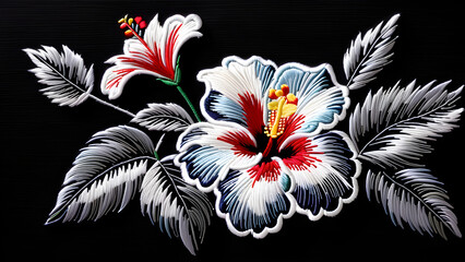 White Hibiscus: Elegant, Delicate Embroidery on Dark Background, Contrastive Beauty Blooms on Black Canvas, Stunning Embroidery Art(Generative AI)