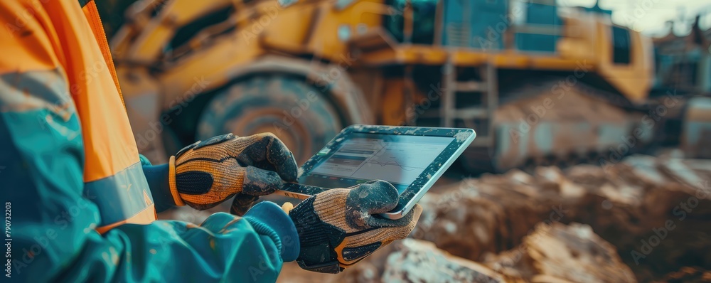 Sticker a construction worker in reflective clothing uses a tablet in an industrial setting with heavy machi