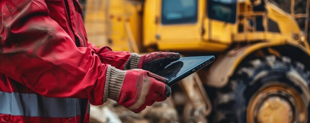 A construction worker in reflective clothing uses a tablet in an industrial setting with heavy machinery