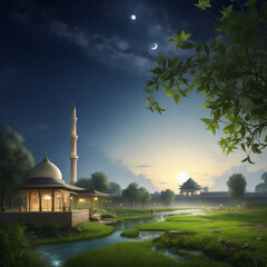 Fototapeta na wymiar Night sky and moon. Mosque against the background of sunset