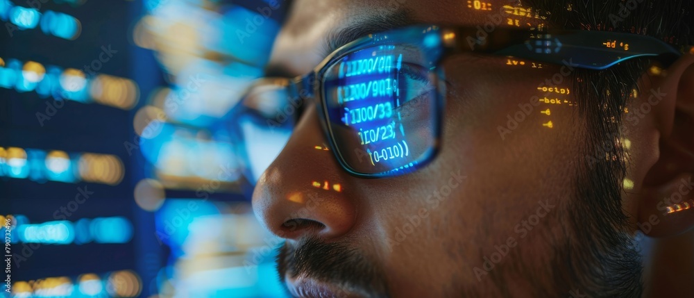 Poster software developer using big data concept for innovative e-commerce application. computer screen sho