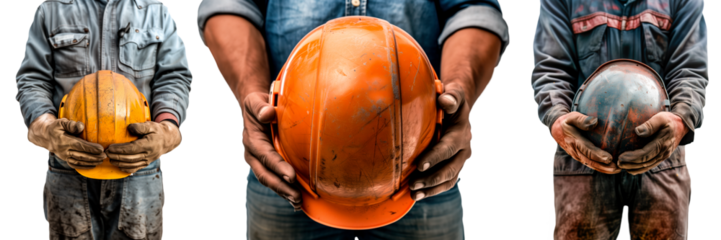 Set of a mans in hands holds a builder's helmet on a white or transparent background. Close-up of builder's hands holding a yellow and blue helmet. Graphic design element on the theme of construction.