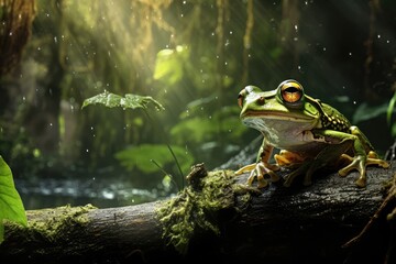 A frog hunting for insects in a dense forest. - obrazy, fototapety, plakaty