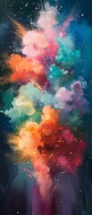 A colorful explosion of paint splatters on a canvas