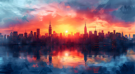 Urban Sunset Sonata: Watercolor Dynamic Illumination of Dusk's Evolution