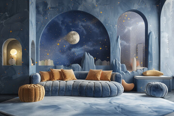 modern children's room interior in night sky with stars colors, arches fluffy sofa soft cozy fabrics stone marble (2)