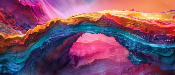 A colorful, abstract painting of a bridge with a rainbow arch - obrazy, fototapety, plakaty