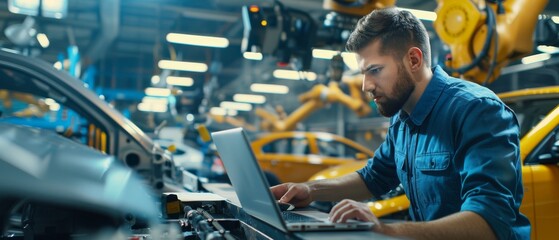 Auto factory engineer working with laptop computer, using robotic arms technology. Automated assembly line in an automotive manufacturing facility.