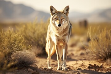A coyote hunting small mammals in the desert. - obrazy, fototapety, plakaty