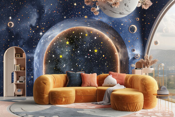 modern children's room interior in night sky with stars colors, arches fluffy sofa soft cozy fabrics stone marble (3)