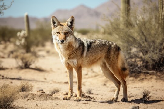 A coyote hunting small mammals in the desert.
