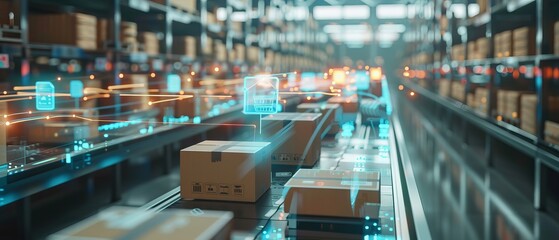 Naklejka premium A Modern Retail Warehouse: Digitalization and Visualization of Industry 4.0 Processes to Analyze Goods, Cardboard Boxes, Product Delivery Infographics in Logistics and Distribution Centers