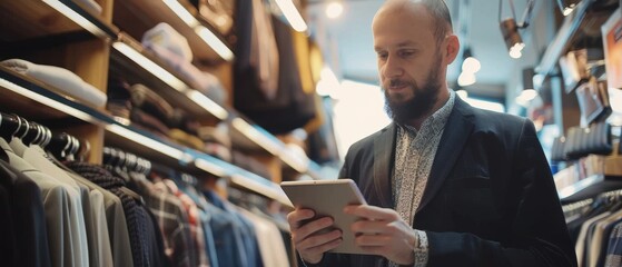 Male Visual Merchandising Professional Designs Collection on Tablet Computer. Fashionable Retail Manager Checks Stocks. Small Business Owner Orders Stylish Items.
