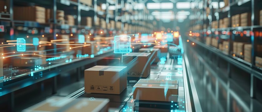 A Modern Retail Warehouse: Digitalization and Visualization of Industry 4.0 Processes to Analyze Goods, Cardboard Boxes, Product Delivery Infographics in Logistics and Distribution Centers