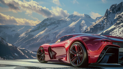An extravagant sports car with shiny paint, recorded against the background of a panoramic view of a mountain valley.  - obrazy, fototapety, plakaty