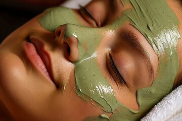 In a spa, facial green cream is delicately applied to a young woman's face, closed eyes indicating relaxation. cream serves to moisturize the skin, promoting a rejuvenating experience. Generative AI.