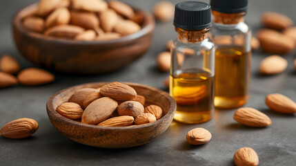 Aromatic Almond Oil in Glass Bottles with Raw Almonds in a Wooden Bowl