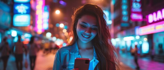 Young beautiful woman using her smartphone on a city street full of neon lights in the evening. Portrait of a gorgeous smiling female using her mobile phone. - obrazy, fototapety, plakaty