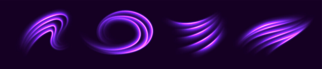 Purple speed lines, light in motion, glowing light trails. Bright motion effect, luminescent swirls. Vector decoration.