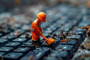An orange-clad manual worker, wielding a broom, cleans the keys of a computer keyboard. Concept of keyboard contamination and cleaning. Keyboard maintenance. Generative AI.