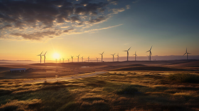 Among the vast wind farms at sunset